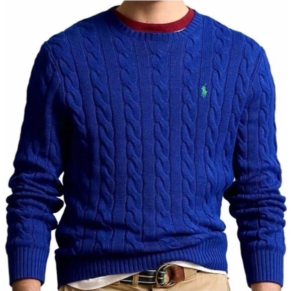 Polo Ralph Lauren XXL ROYAL BLUE CABLE Knit Crew-Neck Sweater GREEN PONY NEW - Picture 1 of 11